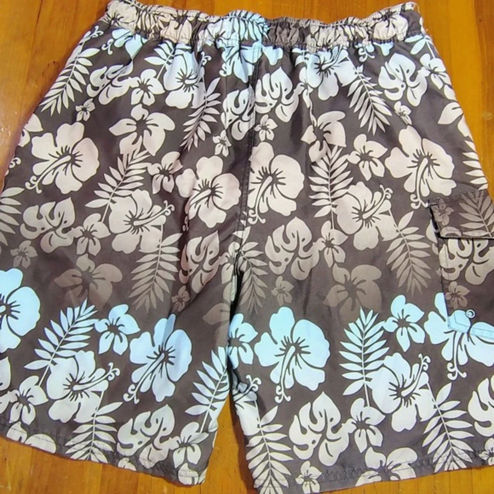 Joe Boxer Men's Hawaiian Floral Swim Trunks Shorts L G Brown Blue pool‎ beach